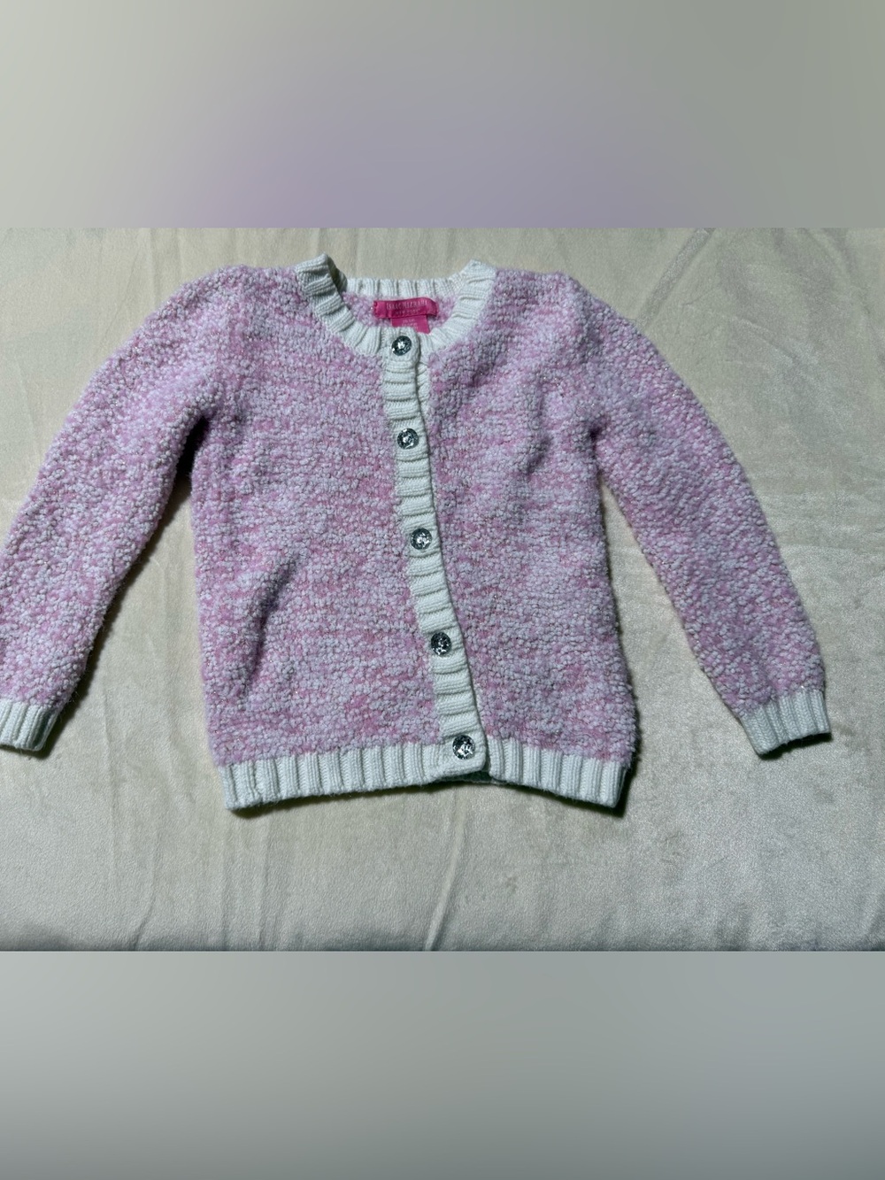 Isaac Mizrahi Pink Boucle Knit Cardigan Cream Trim Girls Size 4 Sweater